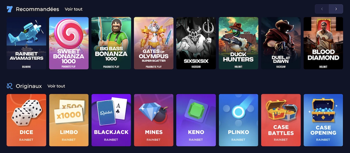 catalogue de jeux de casino sur le site Rainbet