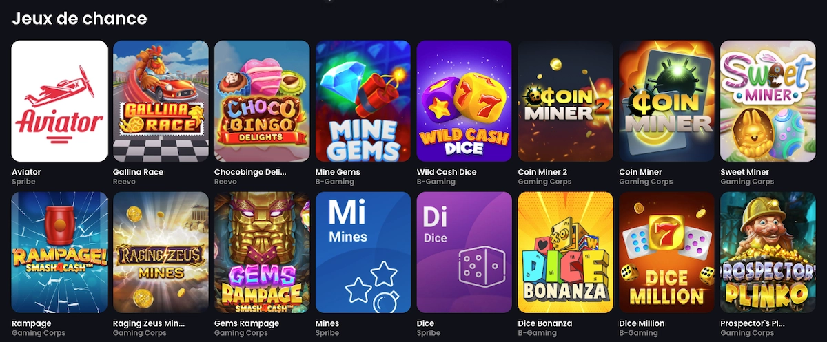 selection de mini-jeux sur MonacoJack