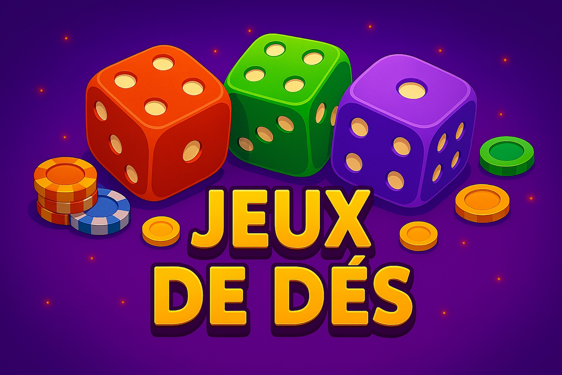 Illustration cartoon color&eacute;e avec d&eacute;s rouges, verts et violets entour&eacute;s de jetons et pi&egrave;ces, texte &ldquo;JEUX DE D&Eacute;S&rdquo; en jaune sur fond violet, style fun et dynamique pour Casinotan.