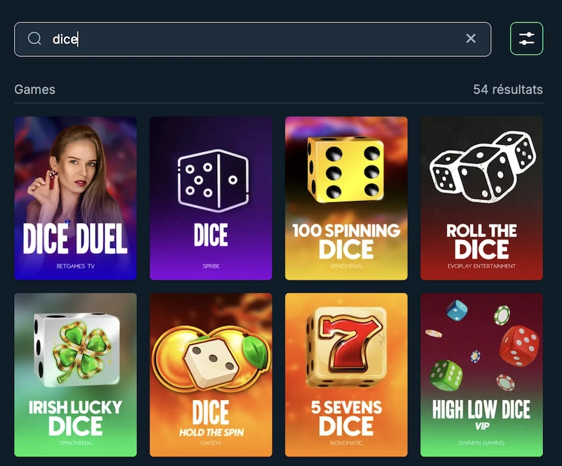 exemples de jeux de dés sur le site du casino crypto en ligne MegaDice qui inclus Roll the Dice d'Evoplay Entertainment, 5 Sevens Dice de Novomatic, et Dice Duel de Betgames TV