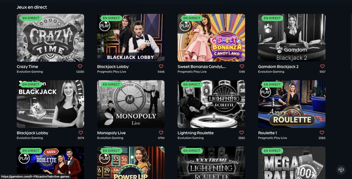 Jeux en direct du casino en ligne Gamdom Casino