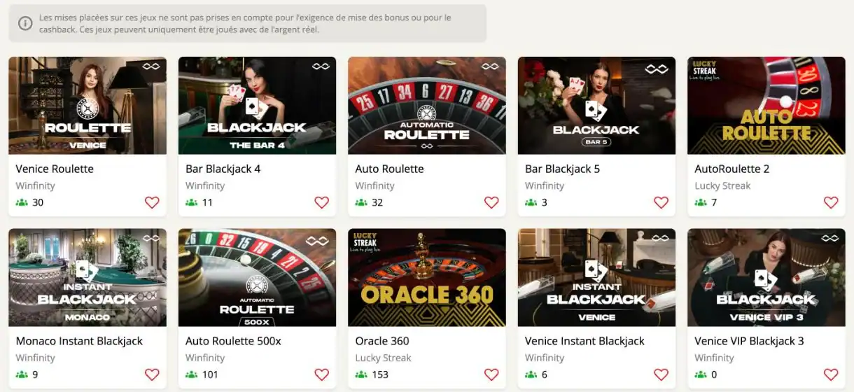 Jeux de casino en direct sur Retro Casino, avec la mention qu’ils ne comptent pas pour le wager.