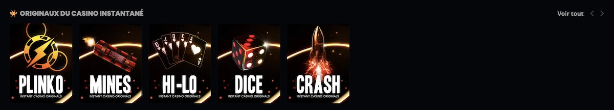 Jeux originaux exclusifs sur Instant Casino incluant Plinko, Mines, Hi-Lo, Dice et Crash
