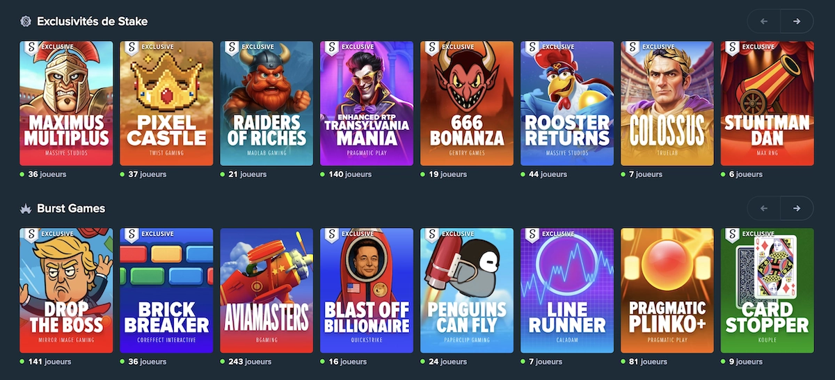 S&eacute;lection des jeux exclusifs et Burst Games sur Stake comme Maximus Multiplus, Pixel Castle, Drop the Boss et Aviamasters