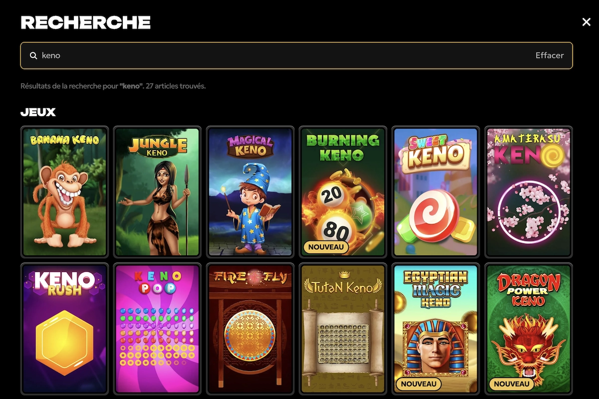 Page de recherche Keno sur Spinsy montrant 27 variantes dont Jungle Keno, Burning Keno et Egyptian Magic Keno.