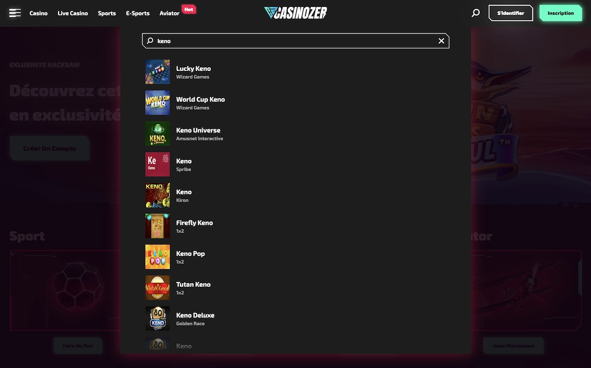 Liste de jeux de Keno sur Casinozer incluant Lucky Keno, World Cup Keno et Tutan Keno.