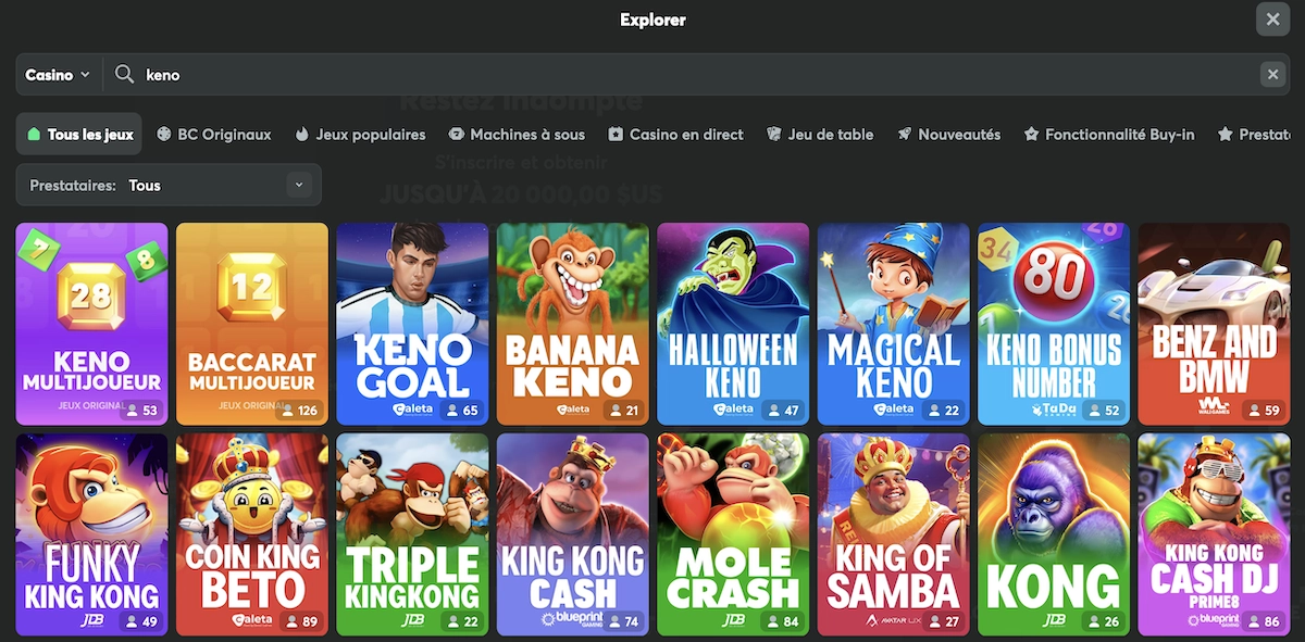 S&eacute;lection de jeux de Keno sur BC.Game avec plusieurs variantes color&eacute;es comme Banana Keno, Magical Keno et Halloween Keno.