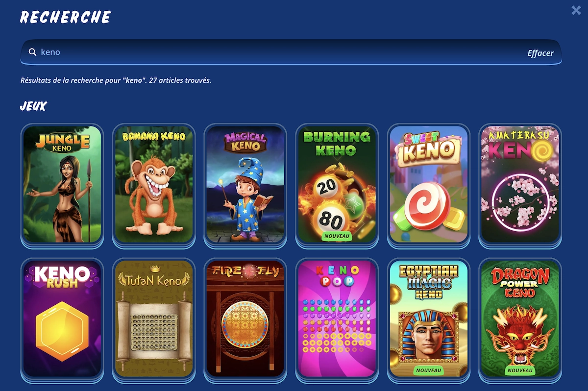 Catalogue de 27 jeux de Keno sur SG Casino avec des variantes comme Jungle Keno, Sweet Keno et Dragon Power Keno.