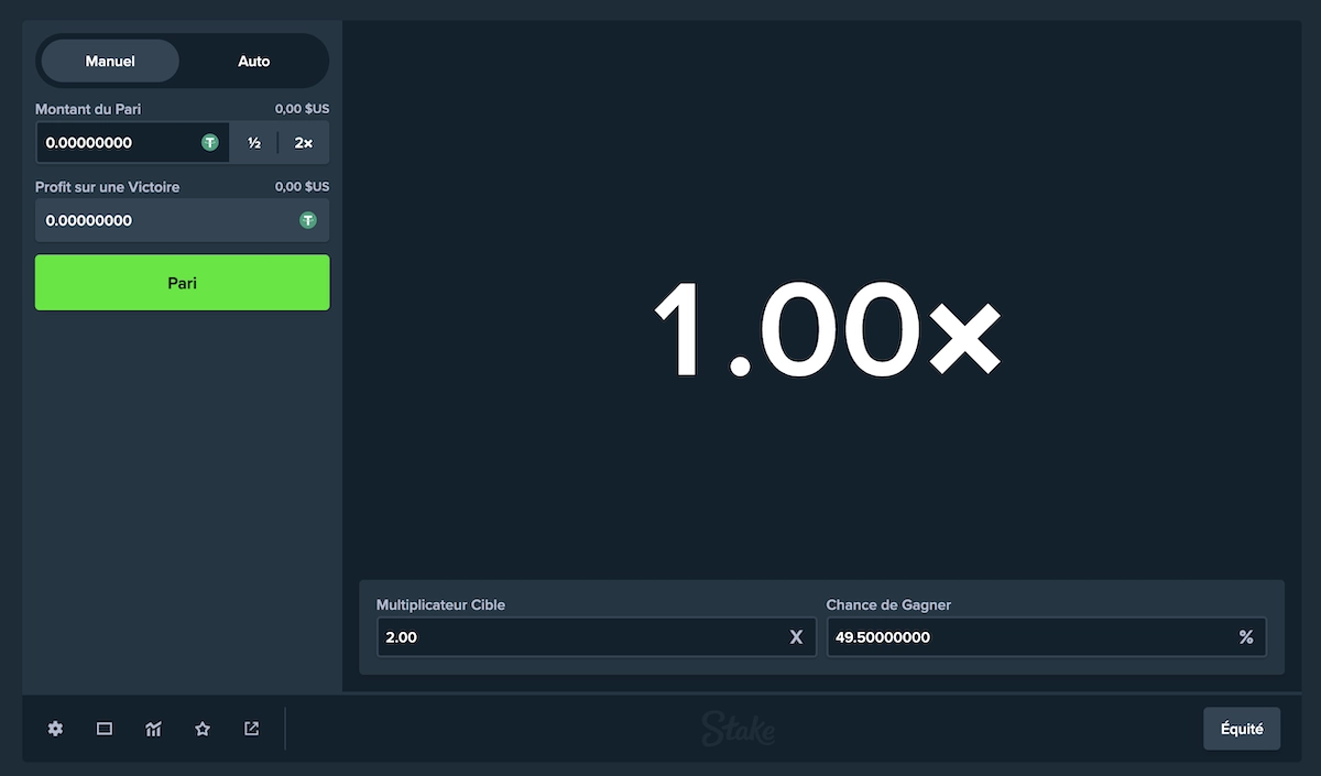 Interface crypto du Limbo sur Stake Casino, avec r&eacute;glage du multiplicateur et mise instantan&eacute;e