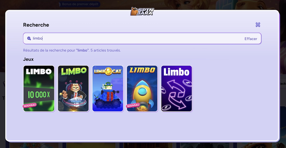 Capture du jeu Limbo sur Spinbara Casino avec 5 variantes disponibles, dont Limbo Cat et Limbo 10 000x