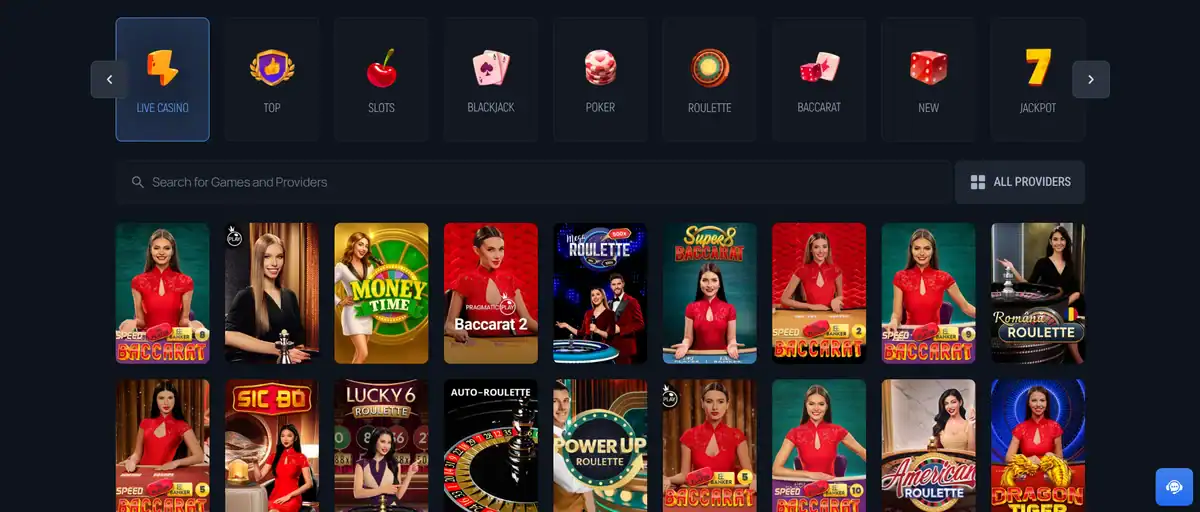 Catalogue de jeux en direct d'Aerobet casino avec des tables de baccarat et de roulette tenues par des croupiers.