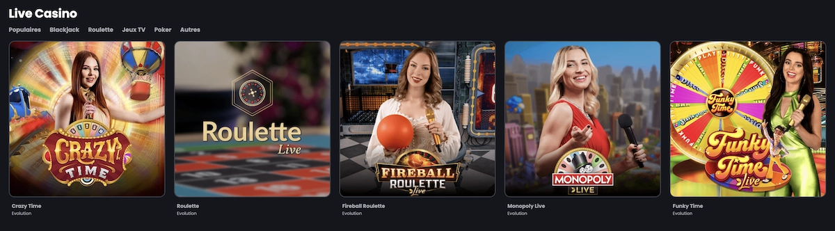 jeux mis en avant dans la section Live Casino de Casino Night