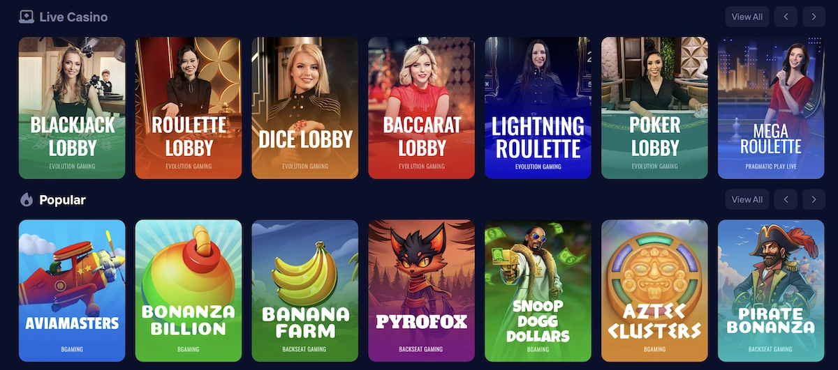 Section live casino de Duel.com avec Evolution Gaming et les jeux populaires comme Aviamasters, Bonanza Billion et Pyrofox