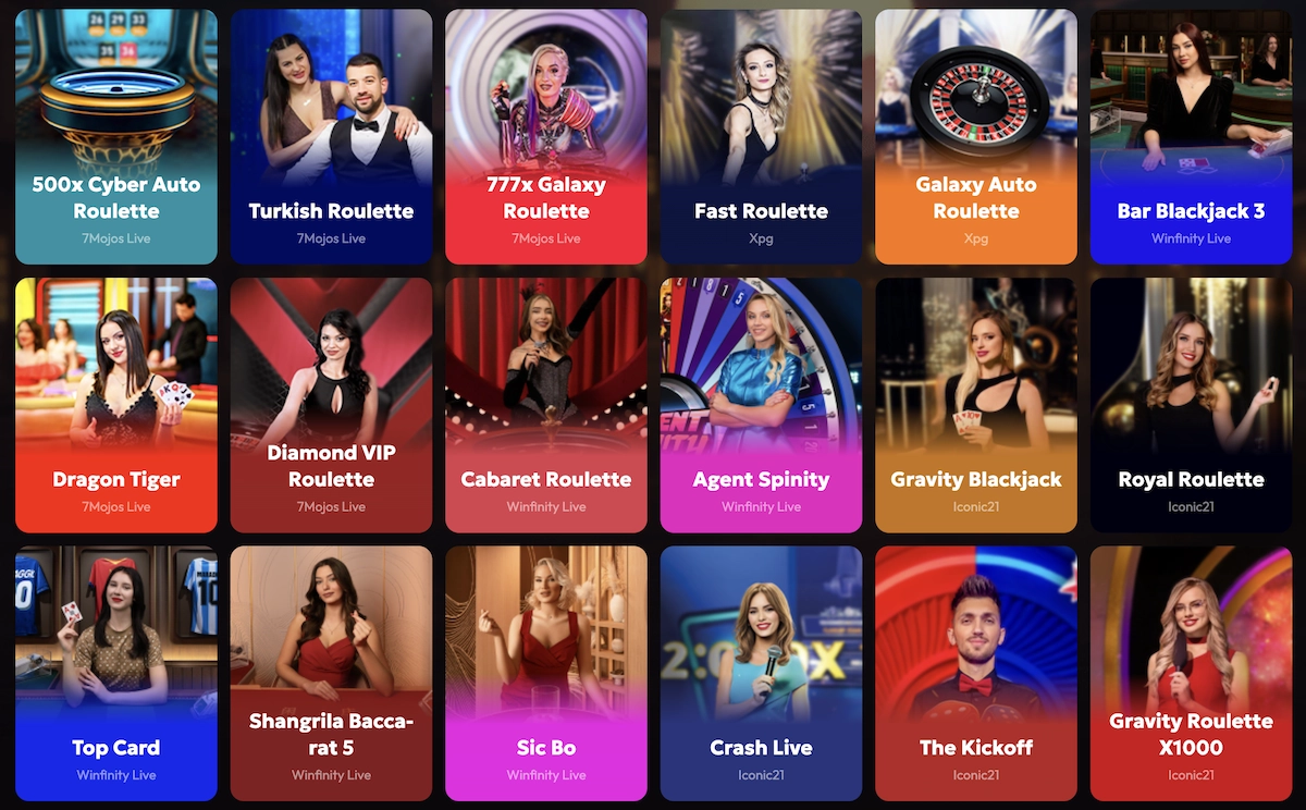 Sélection de jeux de casino en direct sur MadCasino avec croupières et tables de roulette, blackjack et baccarat