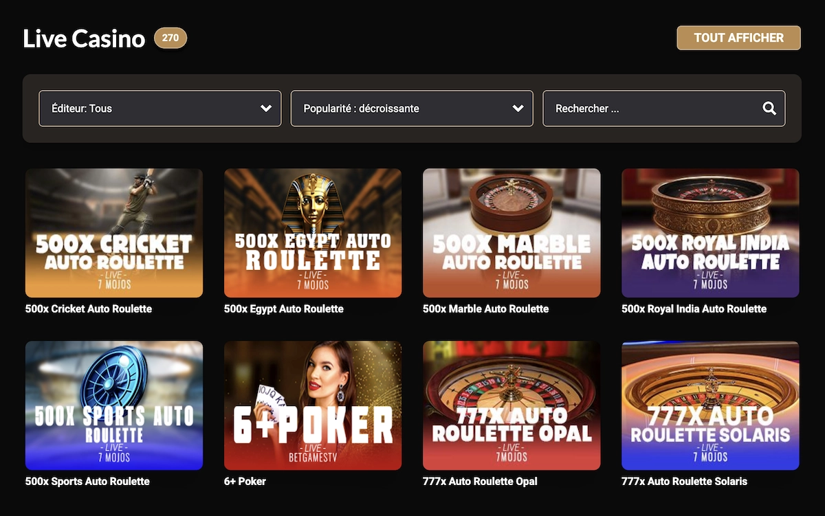 Page du Live Casino Megawin montrant les tables de roulette et poker en direct avec interface filtrable