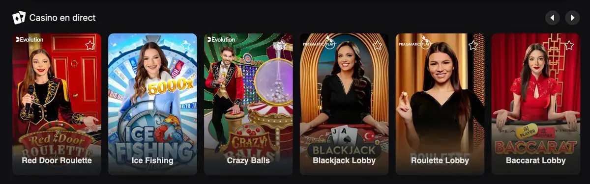 Section casino en direct de Vibebet avec Red Door Roulette, Ice Fishing, Crazy Balls, Blackjack Lobby, Roulette Lobby et Baccarat Lobby.