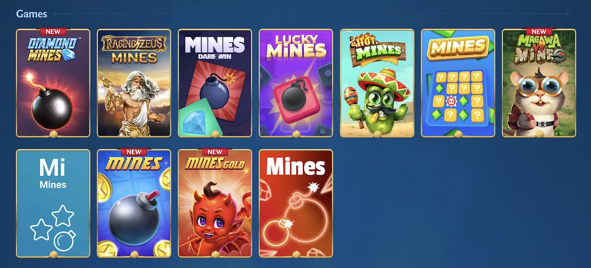 Page des jeux de mine sur Aquawin avec une grille de vignettes pr&eacute;sentant diff&eacute;rentes versions, dont Hot Mines, Magawa vs Mine et Mines Gold.