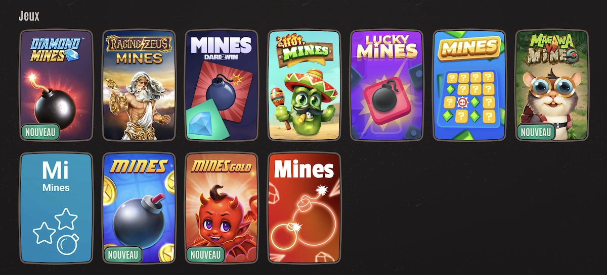 Interface de Neon54 Casino montrant une large s&eacute;lection de jeux de mine, comprenant Mystic Mines, Lost Mines et diverses d&eacute;clinaisons modernes.
