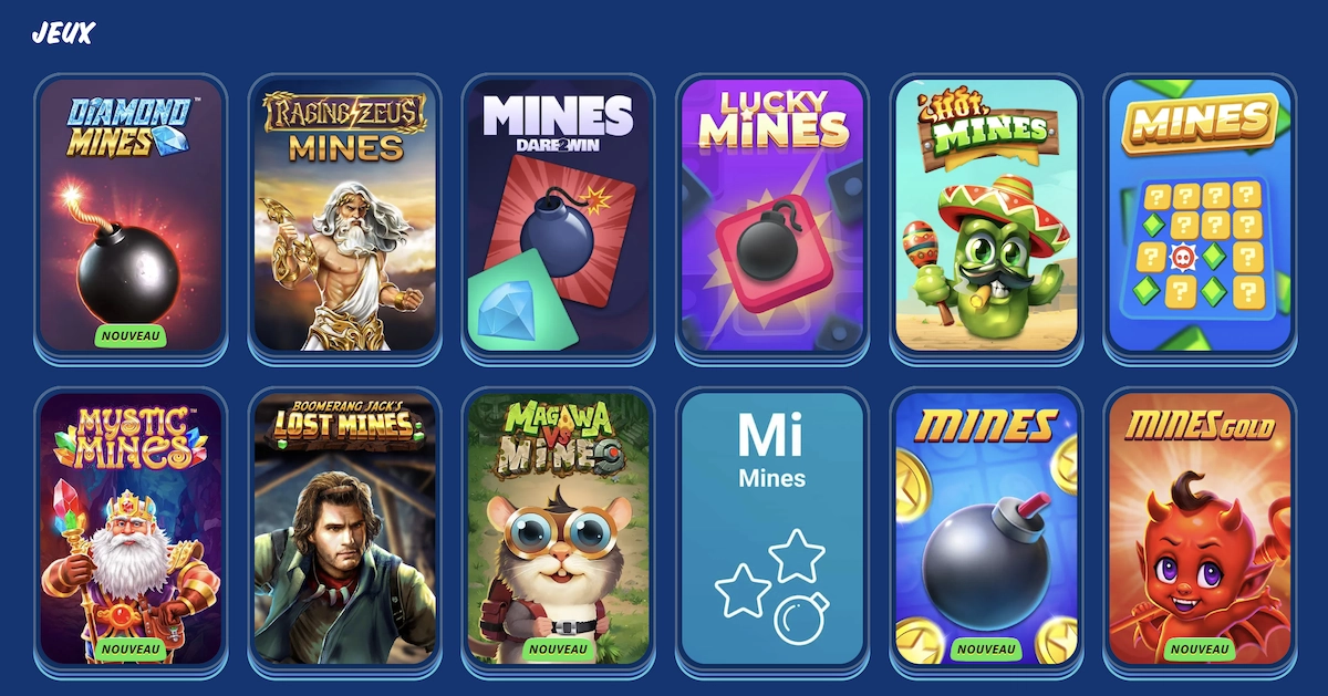 Capture d&rsquo;&eacute;cran de la section d&eacute;di&eacute;e aux jeux de mine sur SG Casino, affichant plusieurs variantes color&eacute;es comme Diamond Mines, Raging Zeus Mines et Lucky Mines.