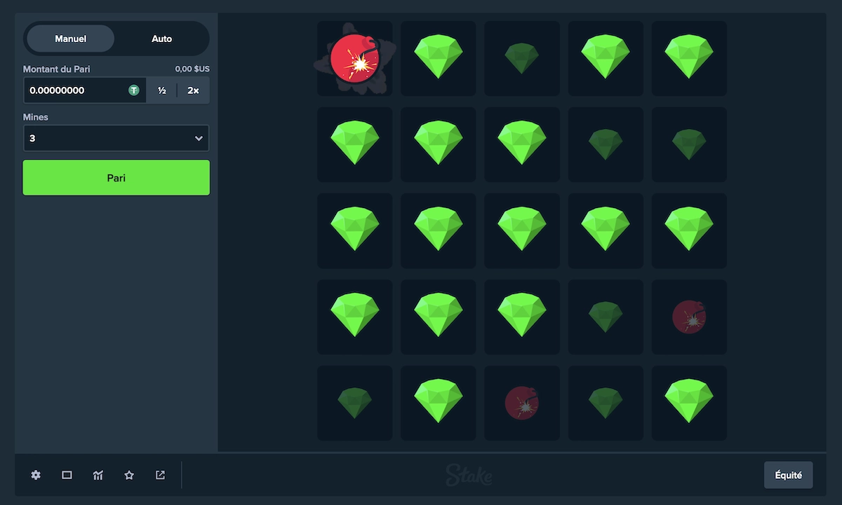 Capture d&rsquo;une partie en cours du jeu de mine sur Stake Casino, avec une grille de gemmes vertes et quelques bombes r&eacute;v&eacute;l&eacute;es.