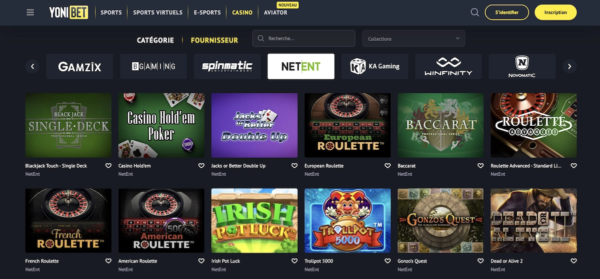 Capture d&rsquo;&eacute;cran Yonibet Casino section NetEnt avec jeux de table comme Blackjack, Casino Hold&rsquo;em, Roulette, Baccarat et machines &agrave; sous comme Irish Pot Luck, Trollpot 5000, Gonzo&rsquo;s Quest, Dead or Alive 2.