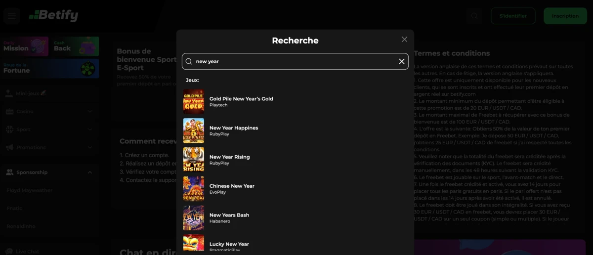 Capture d’écran des résultats de recherche de jeux sur le thème du Nouvel An chinois sur le casino Betify, affichant plusieurs machines à sous festives liées au Nouvel An asiatique.