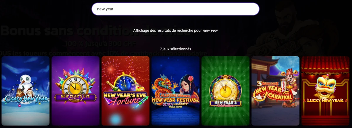 Capture d’écran des résultats de recherche de jeux sur le thème du Nouvel An chinois sur le casino Brutal Casino, montrant une sélection de slots spéciales Nouvel An avec feux d’artifice, dragons et symboles traditionnels.