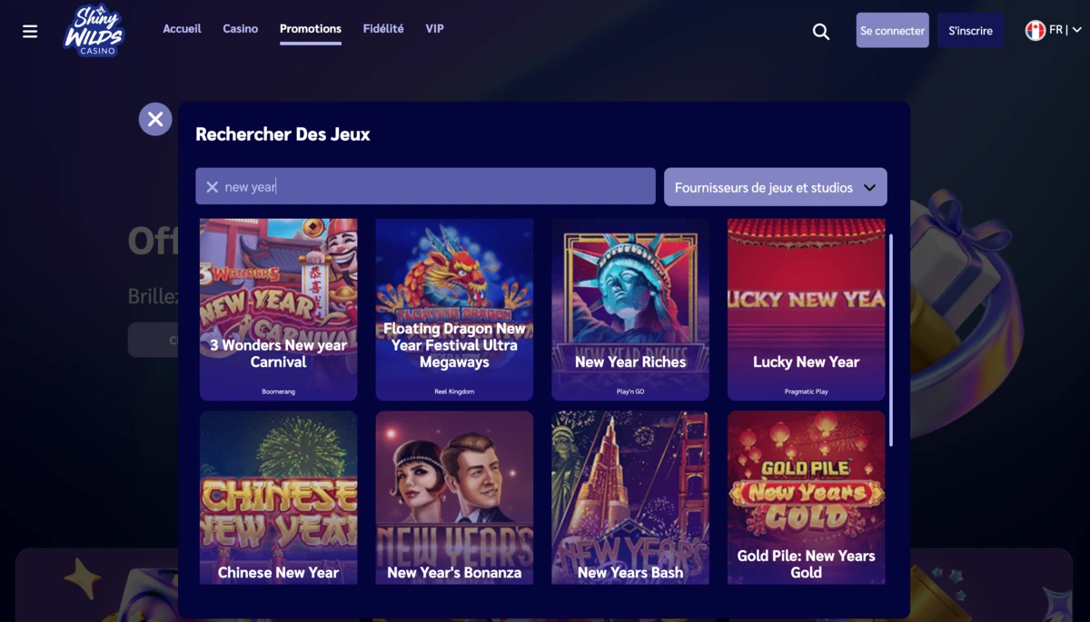 Capture d’écran des résultats de recherche de jeux sur le thème du Nouvel An chinois sur le casino Shiny Wilds Casino, présentant différentes machines à sous inspirées des célébrations du Nouvel An chinois.