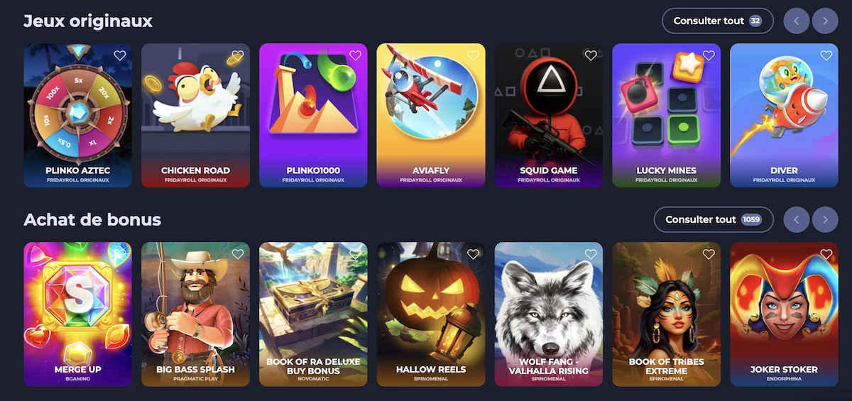 top jeux originaux et achat de bonus sur FridayRoll casino