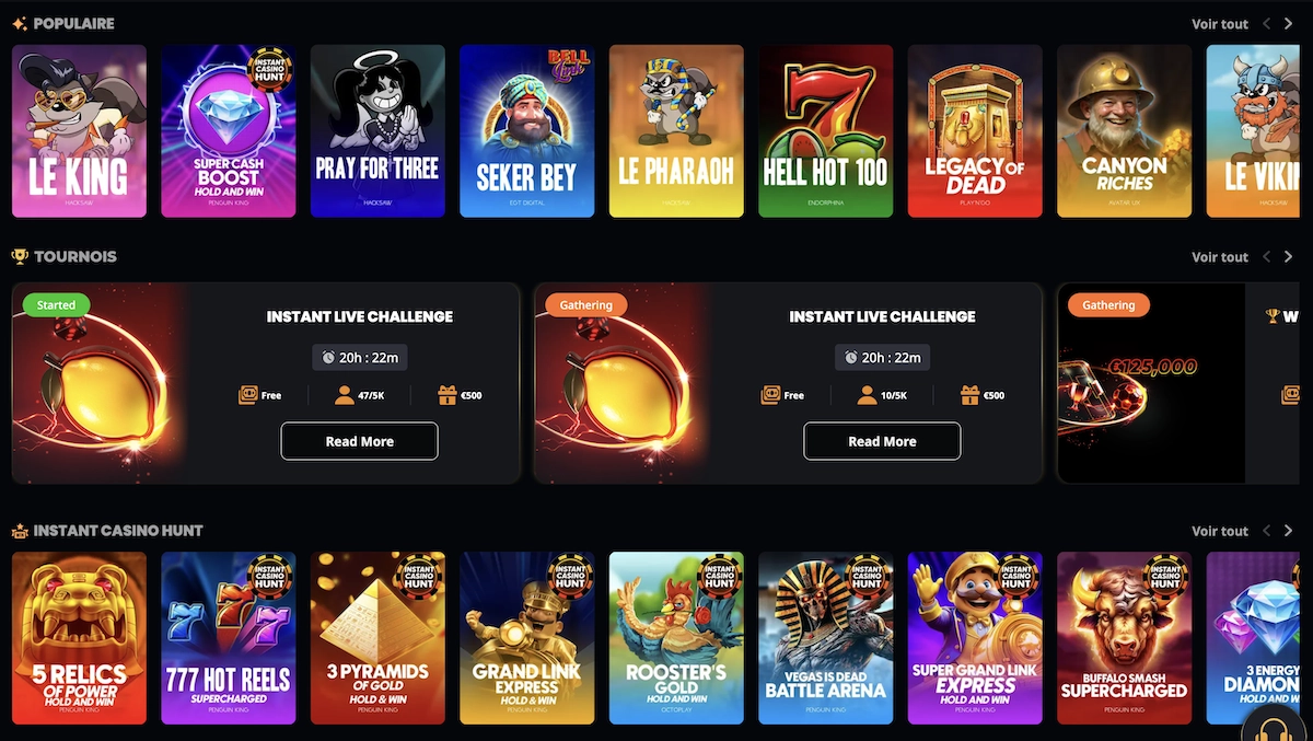 Section jeux populaires, bonus hunt et tournois actifs sur Instant Casino avec machines &agrave; sous et challenges