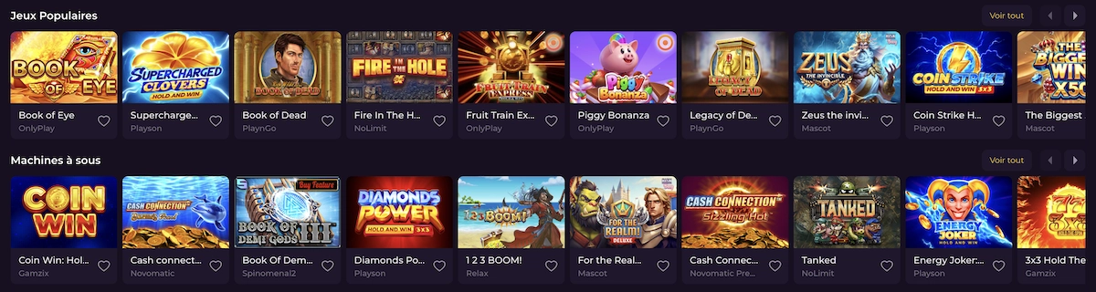 Section des jeux populaires et machines &agrave; sous sur Rockstar Casino avec titres phares comme Book of Dead