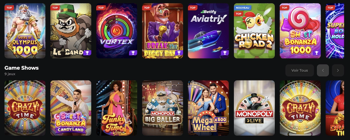 jeux populaires mis en avant sur le site de jeu en ligne Betify