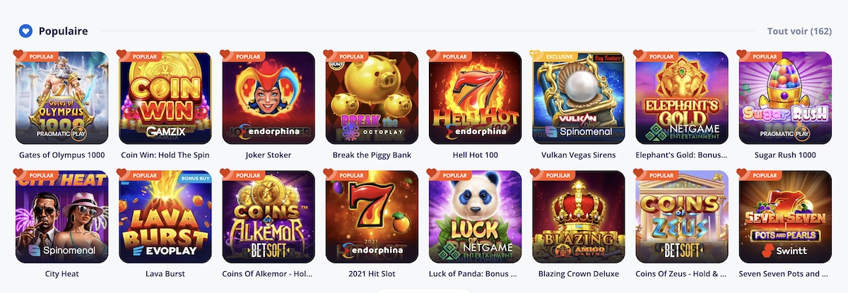 jeux populaires sur le site de jeux vulkan casino