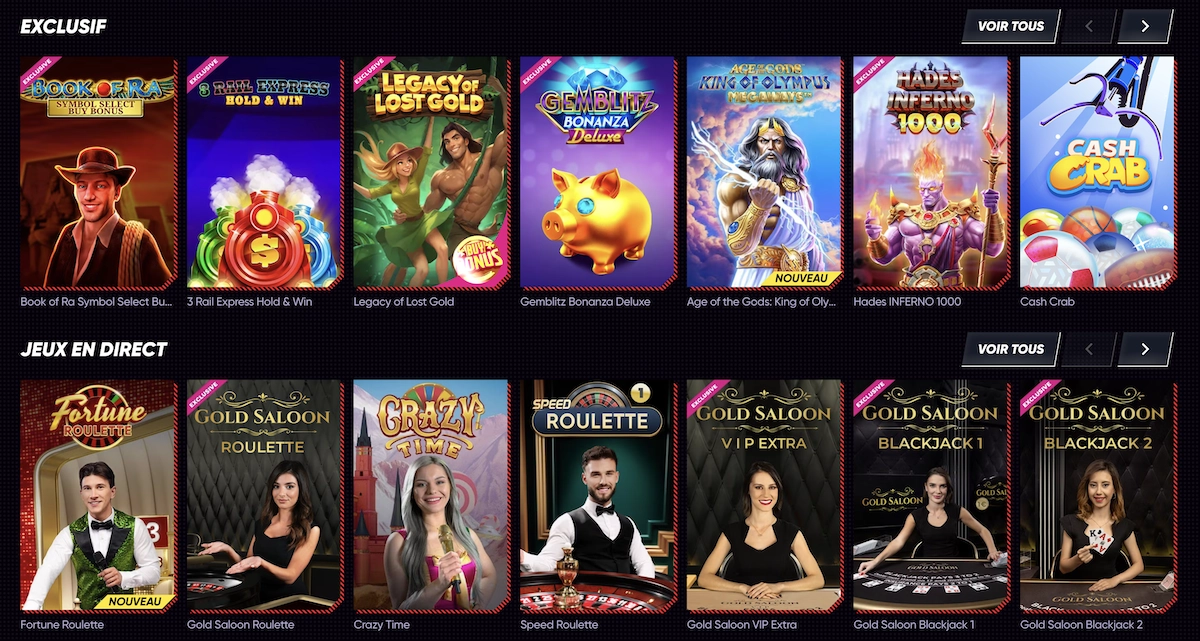 Section jeux Quickwin Casino avec machines &agrave; sous exclusives, roulette et tables de blackjack live