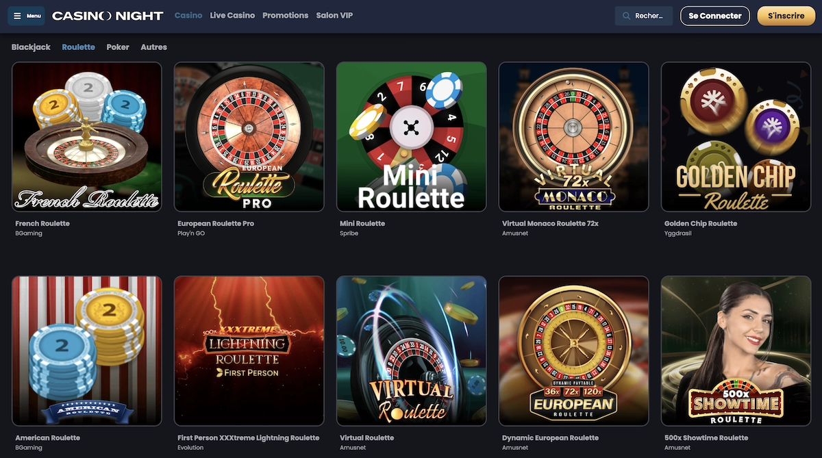 Catalogue de roulette en ligne sur Casino Night avec French Roulette, European Roulette Pro, Mini Roulette, American Roulette et Golden Chip Roulette.