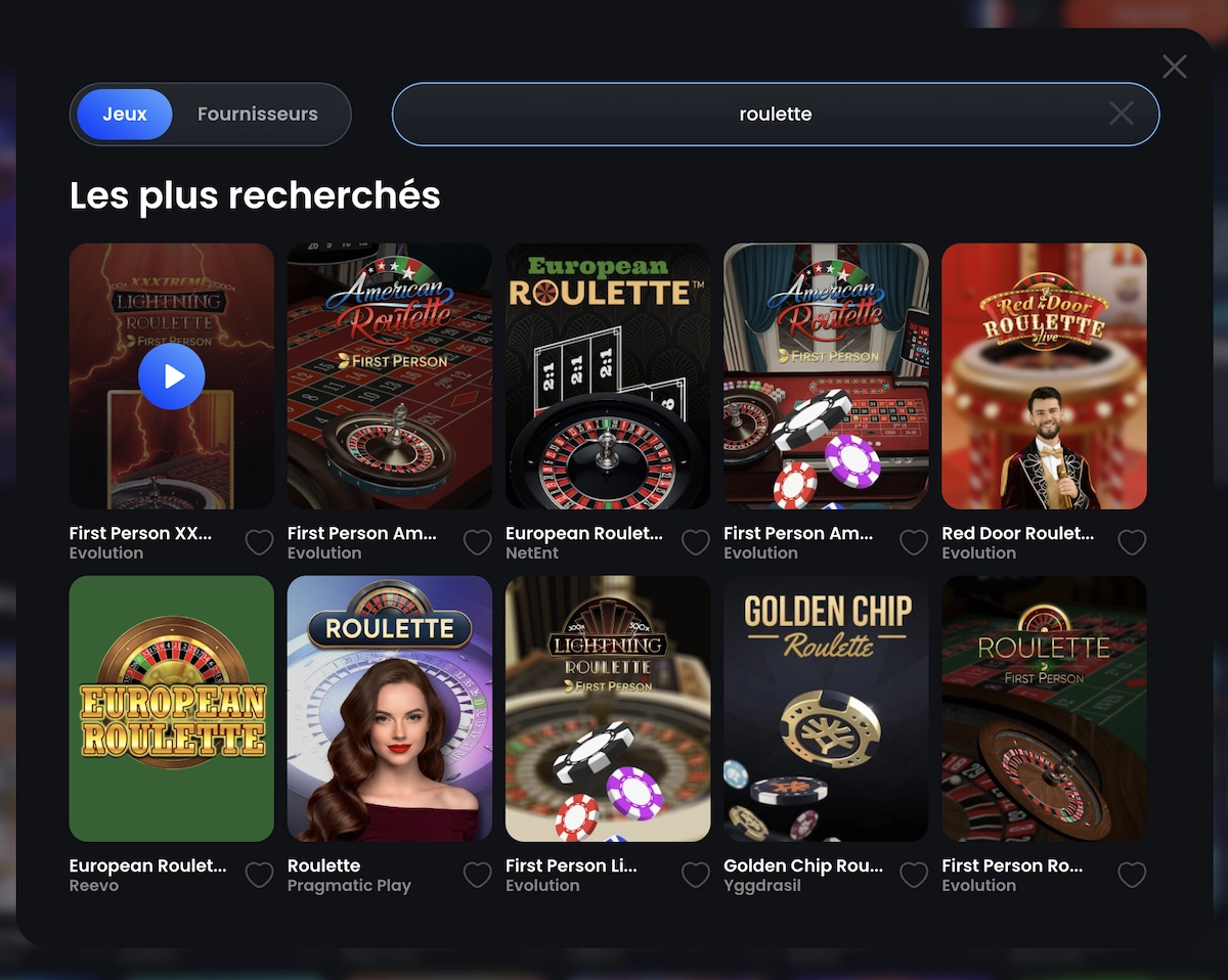 Offre de jeux de roulette sur MonacoJack Casino avec First Person Lightning Roulette, American Roulette, European Roulette, Golden Chip Roulette et Red Door Roulette.