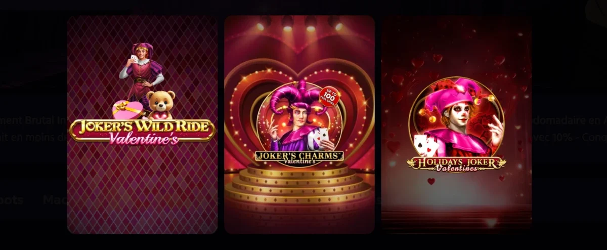 Image de jeux de Saint-Valentin propos&eacute;s sur Brutal Casino, affichant une s&eacute;lection de machines &agrave; sous romantiques li&eacute;es &agrave; la f&ecirc;te des amoureux