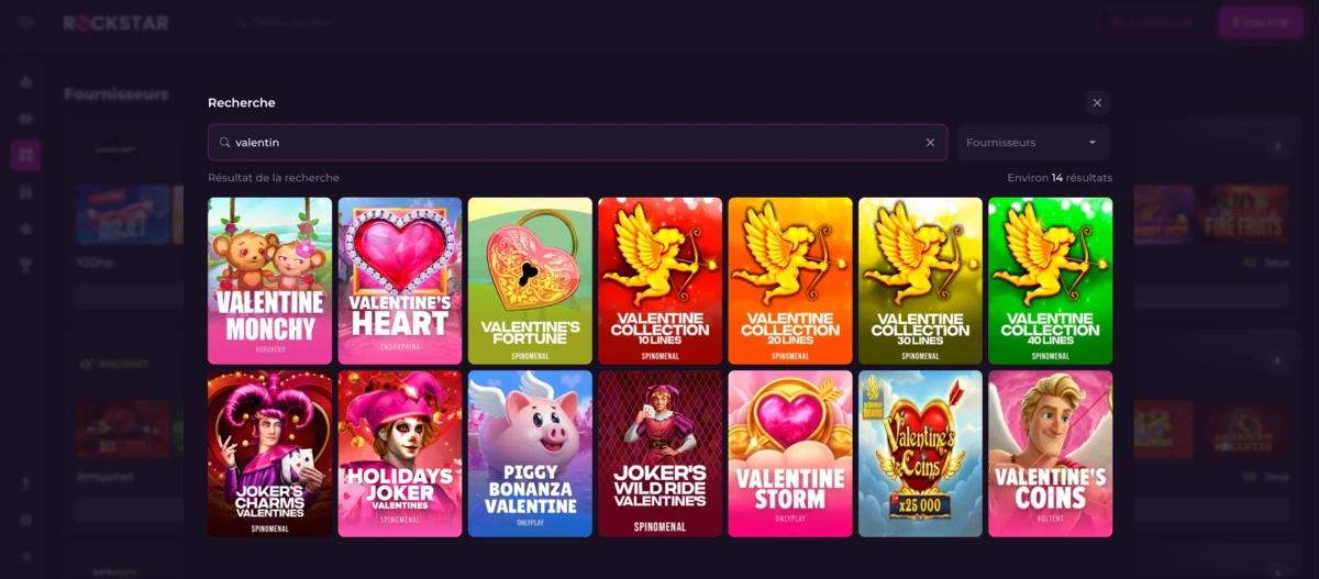 Capture d&rsquo;&eacute;cran des jeux de casino sp&eacute;cial Saint-Valentin sur Rockstar Casino, montrant plusieurs machines &agrave; sous Valentine aux visuels romantiques