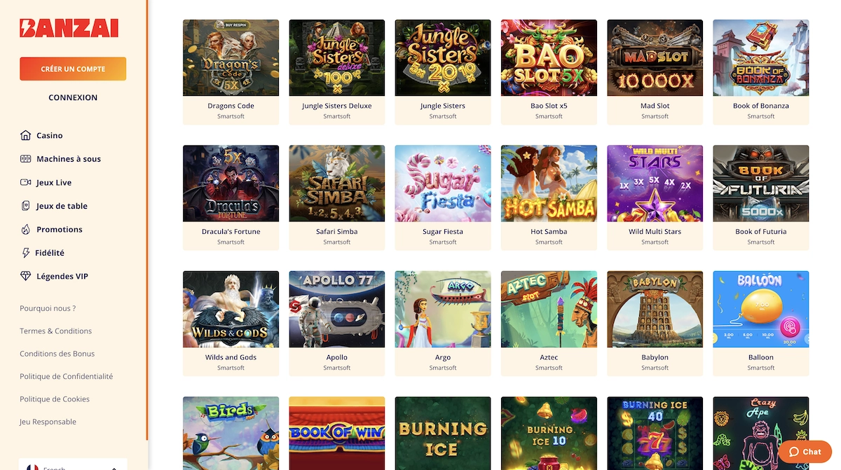 jeux Smartsoft Gaming sur Banzai Casino
