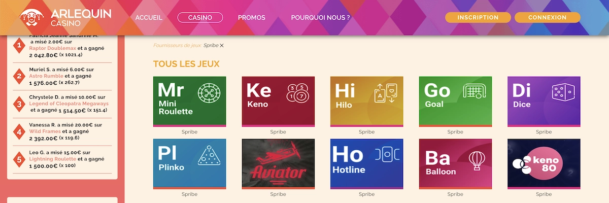 jeux de l'&eacute;diteur de jeux Spribe sur Arlequin Casino