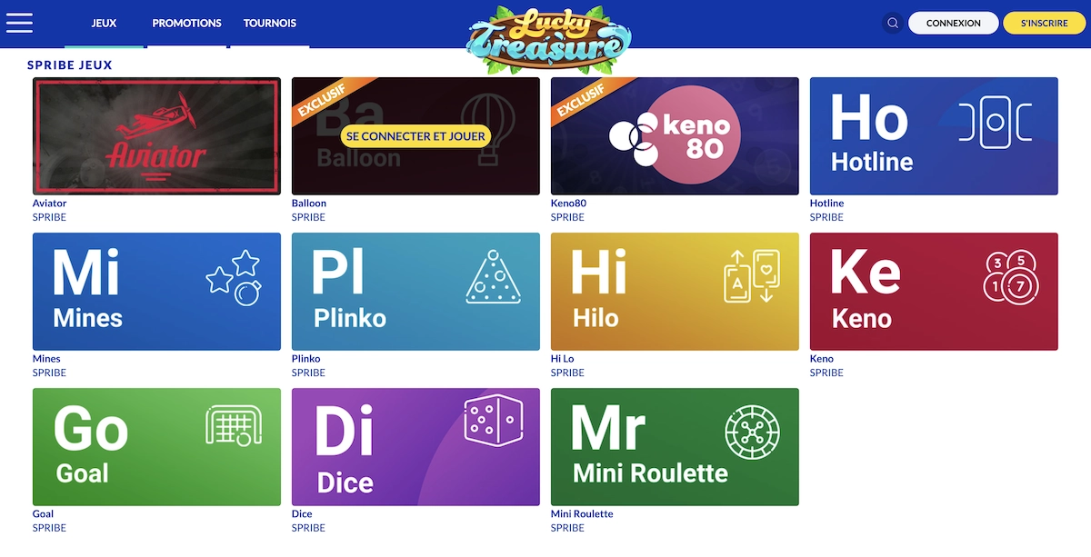 jeux de l'&eacute;diteur de jeux Spribe sur Lucky Treasure Casino