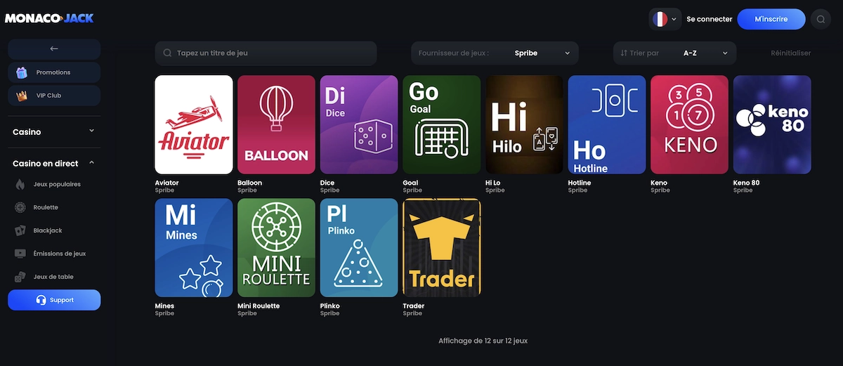 jeux de l'&eacute;diteur de jeux Spribe sur Monacojack