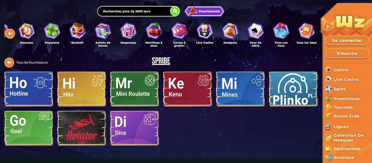 jeux de l'&eacute;diteur de jeux Spribe sur Wazamba casino