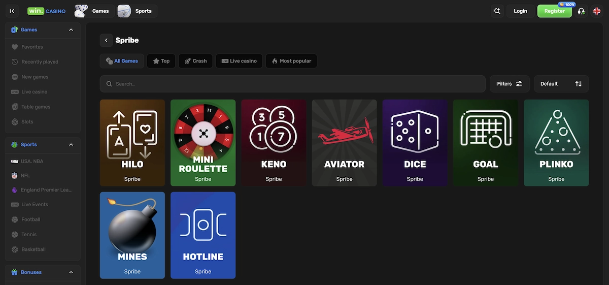 jeux de l'&eacute;diteur de jeux Spribe sur Win Casino