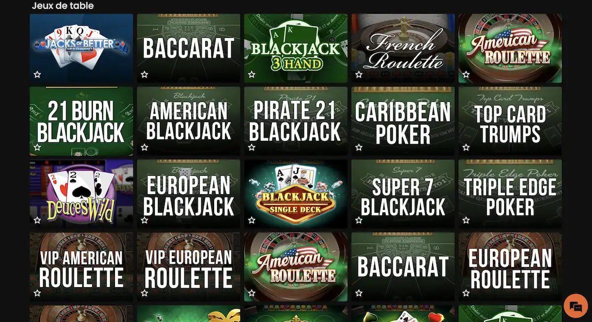 Page des jeux de table sur Casino Hermes avec blackjack, roulette et baccarat disponibles