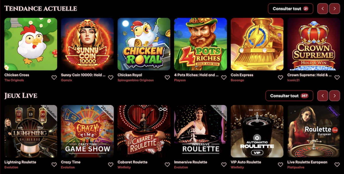 Section jeux en direct et tendances sur Spinogambino Casino avec Crazy Time, Lightning Roulette et Chicken Cross