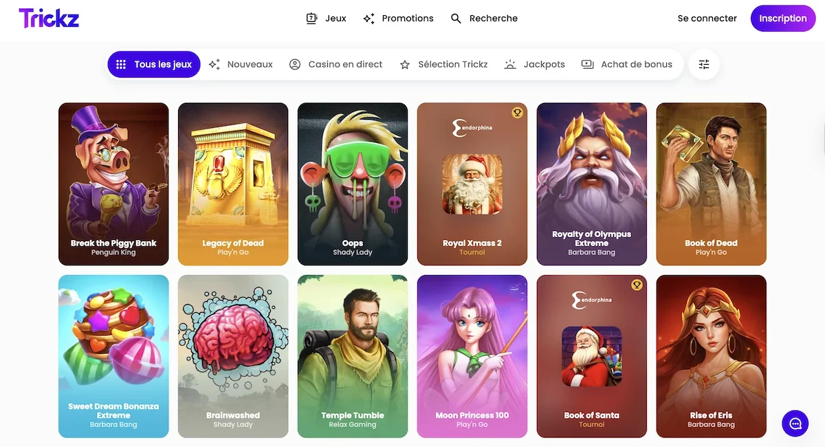 Jeux disponible du casino en ligne Trickz
