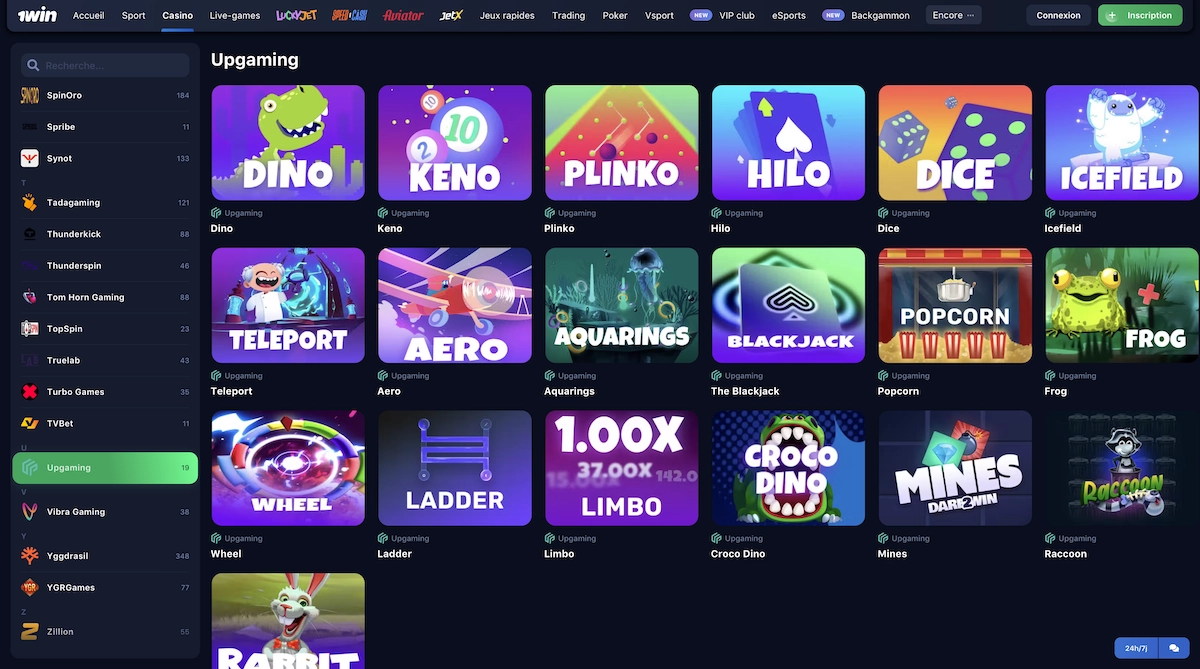 jeux Upgaming sur le site de 1win casino