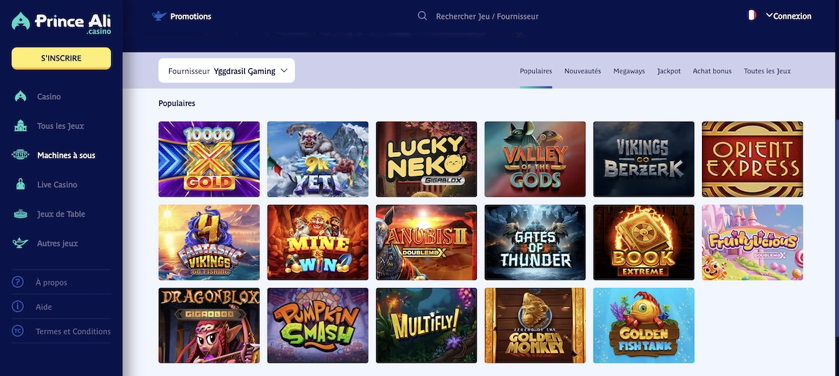 titres du fournisseur de jeux Yggdrasil sur Prince Ali Casino