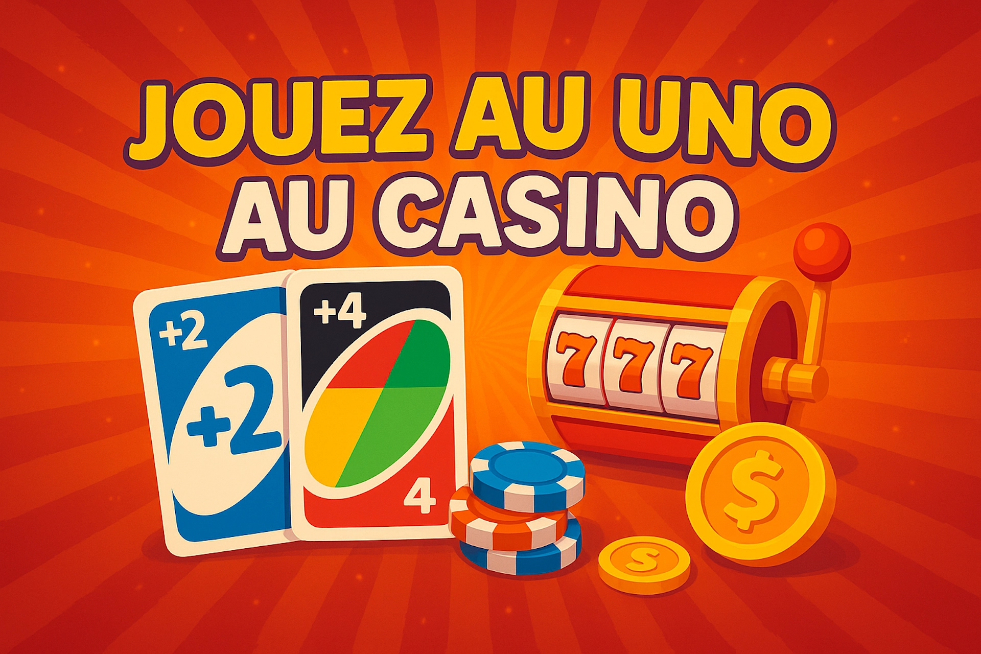 Illustration 1920x1280 cartoon avec texte « JOUEZ AU UNO AU CASINO » (bien espacé), cartes inspirées Uno corrigées (+2, +4, multicolore), machine à sous 777, jetons et pièce dollar sur fond rouge-orange lumineux style Casinotan.